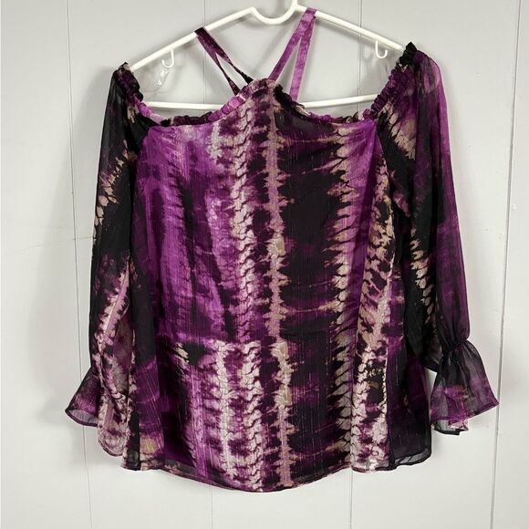 INC International Concepts Cold Shoulder Ruffle Halter Neck Purple Black Shirt - Picture 2 of 10